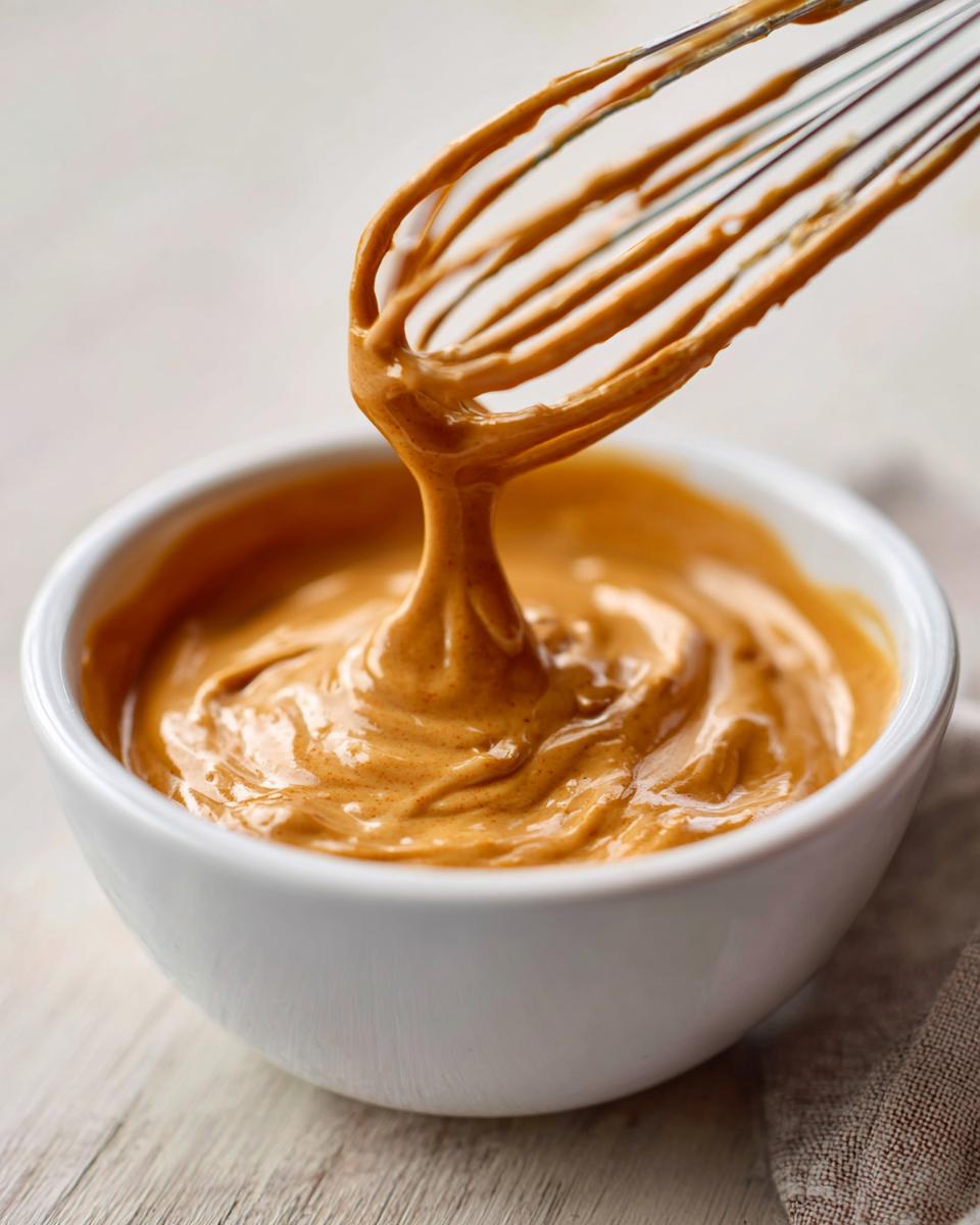 Close-up of a whisk lifting thick, creamy peanut sauce from a small white bowl.