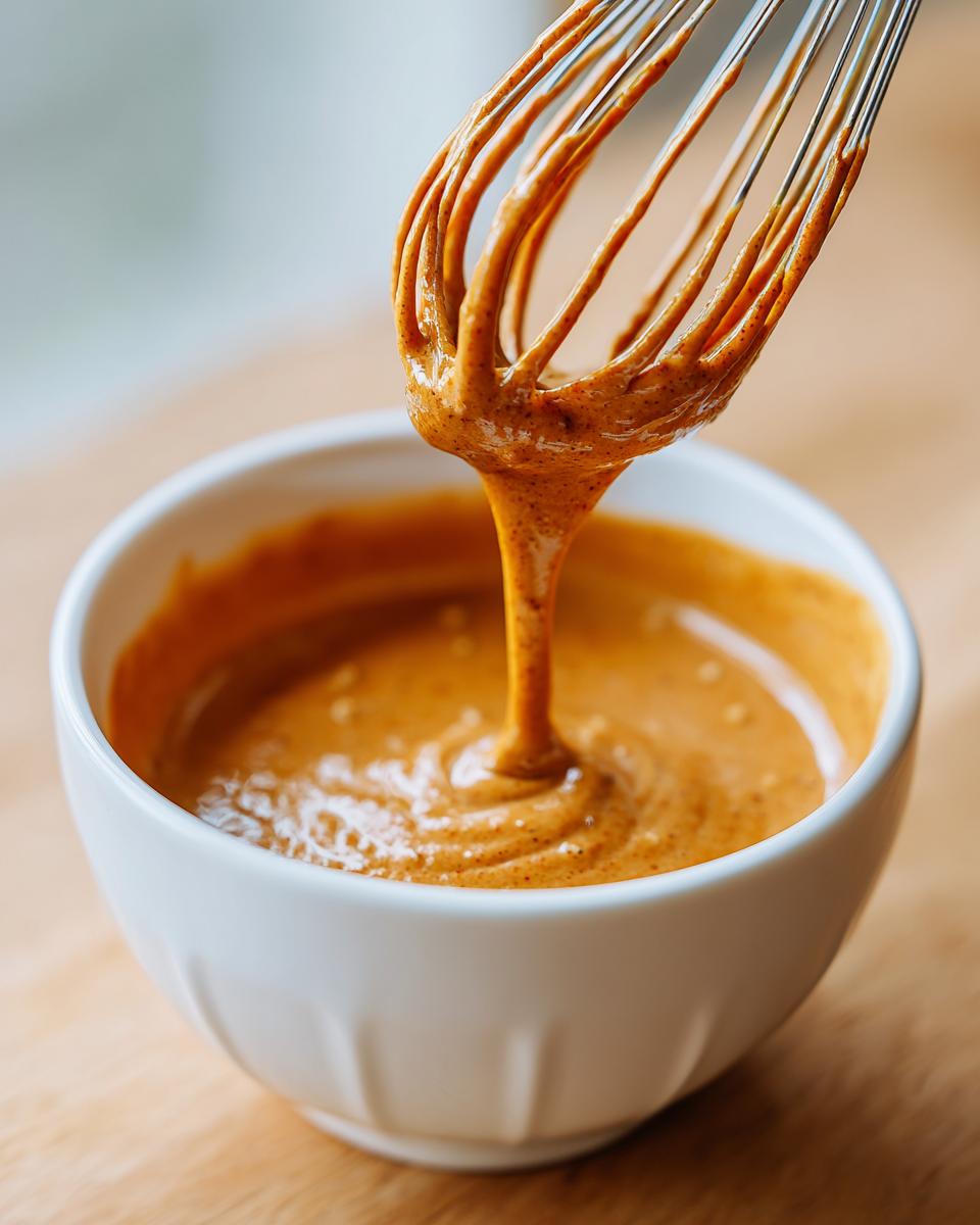 Close-up of a whisk lifting thick, creamy peanut sauce out of a small white bowl.