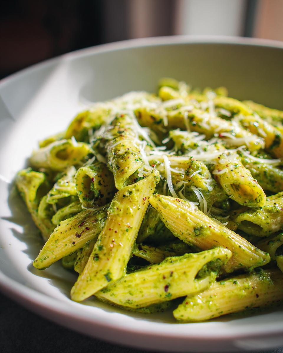 Close-up of penne pasta coated in vibrant green creamy pesto pasta and topped with grated Parmesan cheese.