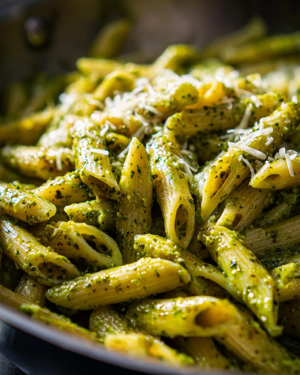Close-up shot of penne pasta coated in vibrant green creamy pesto pasta sauce, topped with grated Parmesan cheese.