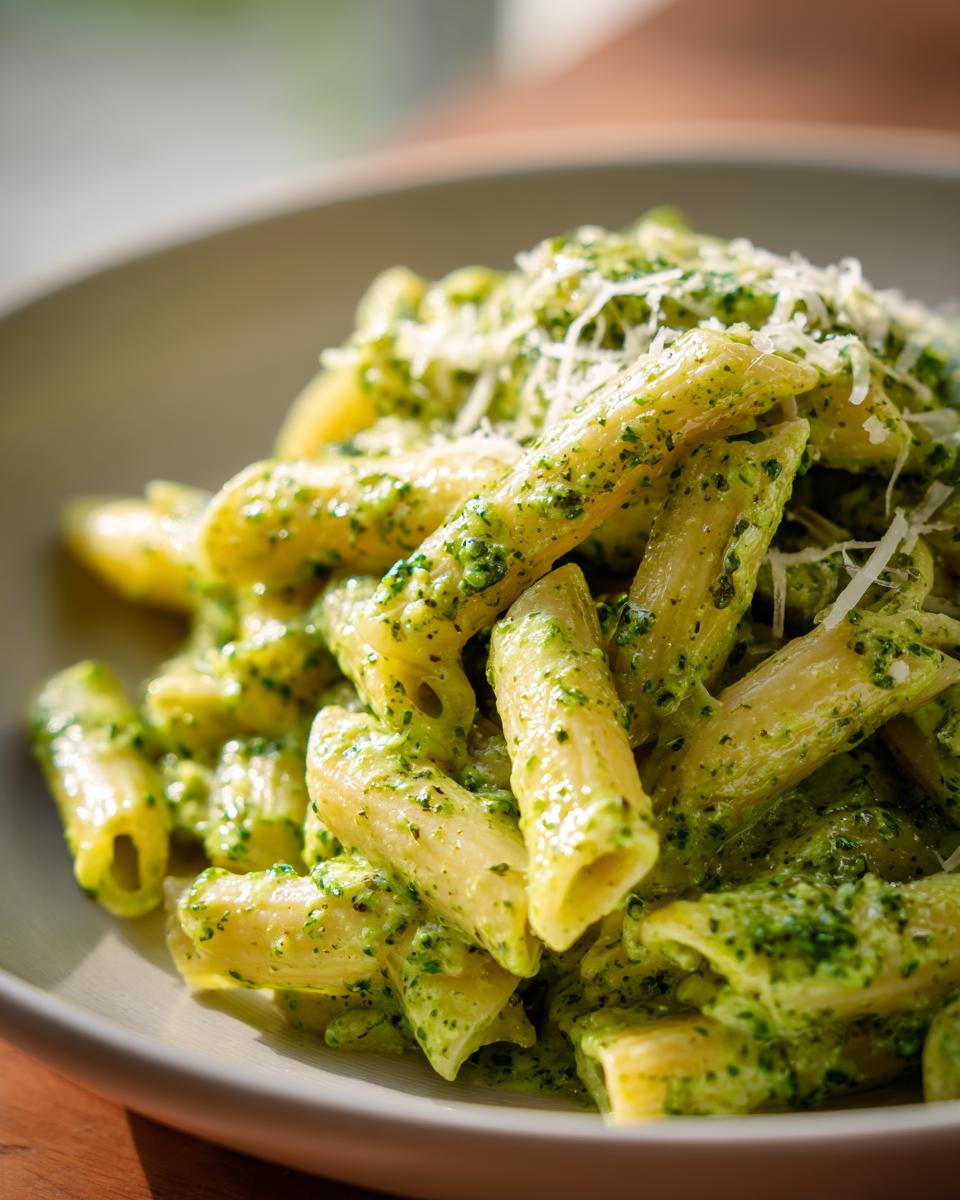 A close-up shot of penne pasta coated in vibrant green creamy pesto pasta sauce and topped with grated Parmesan cheese.