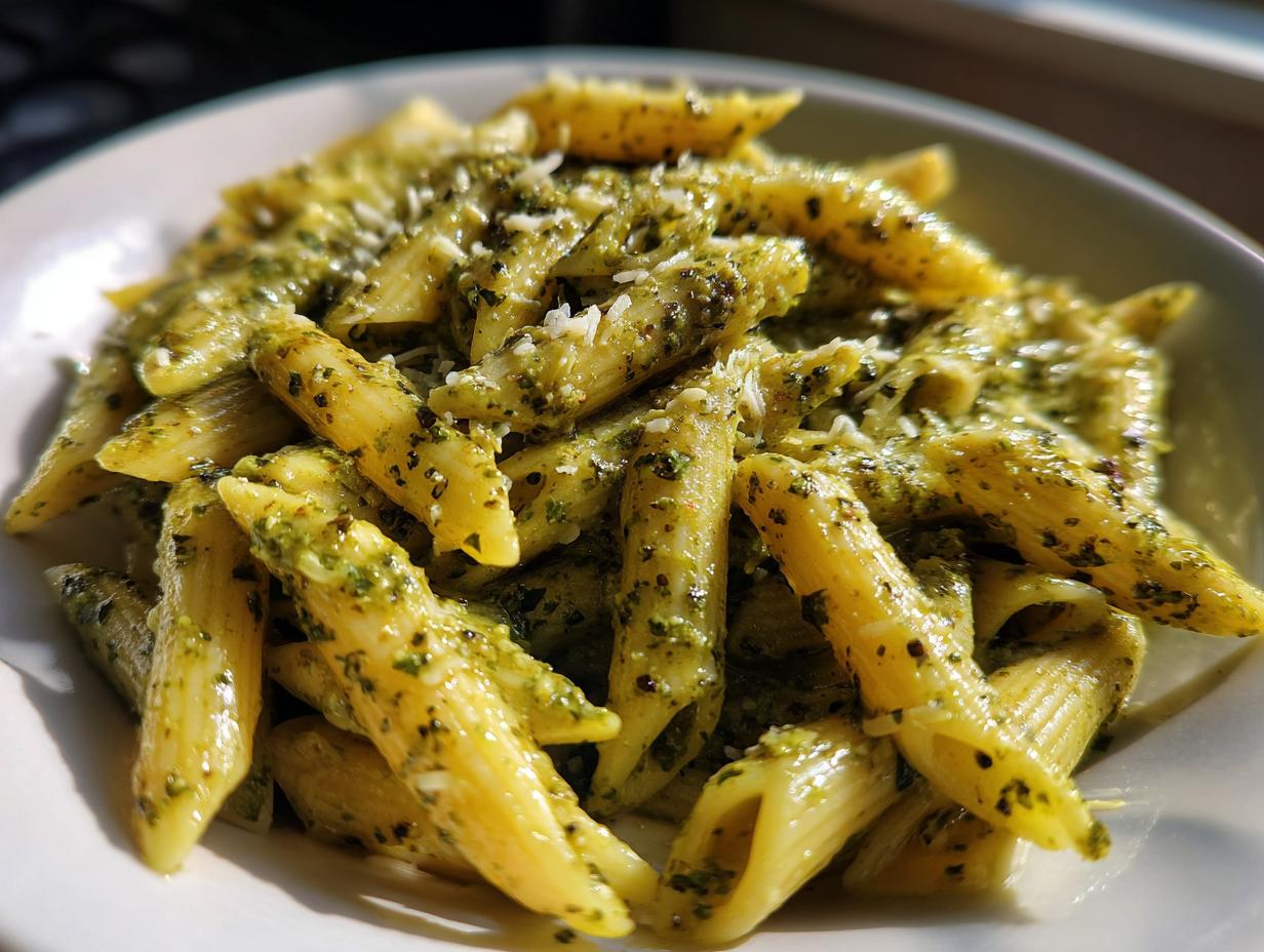 A close-up, sunlit shot of penne pasta coated in rich, creamy pesto pasta sauce, topped with grated cheese.