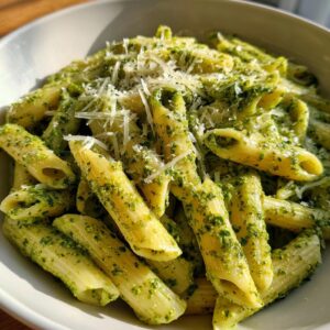 A close-up, overhead view of penne pasta coated in vibrant green pesto sauce, topped with grated Parmesan cheese, ready to eat.