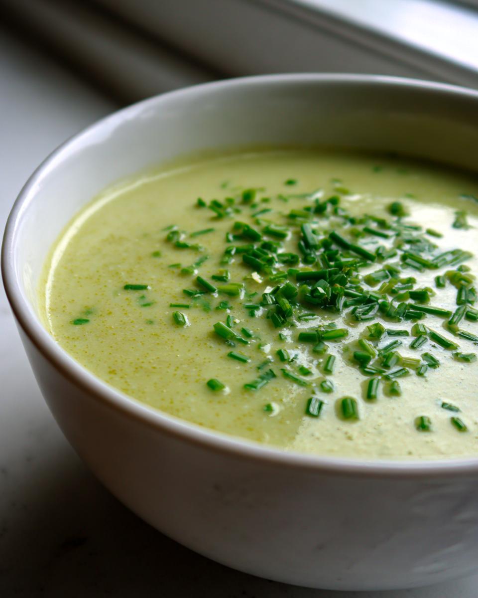 Close-up of a bowl of creamy potato leek soup, garnished generously with bright green chopped chives.