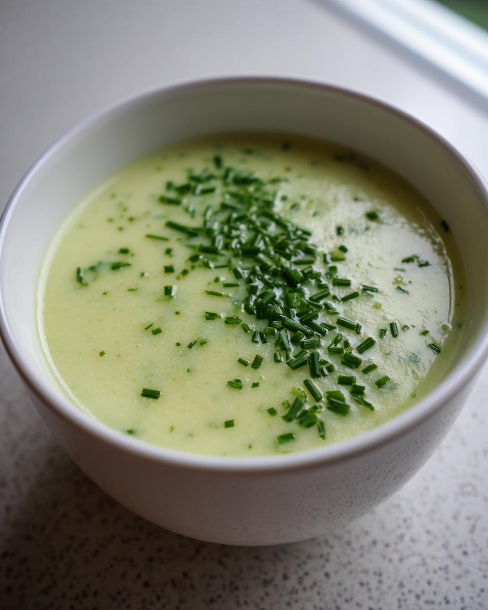 A close-up of a bowl of creamy potato leek soup garnished generously with freshly chopped chives.