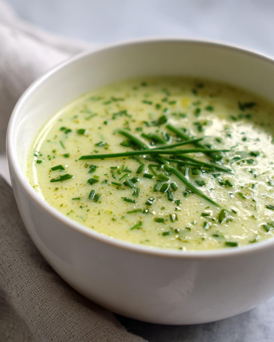 Close-up of a creamy bowl of potato leek soup topped generously with fresh, chopped chives.