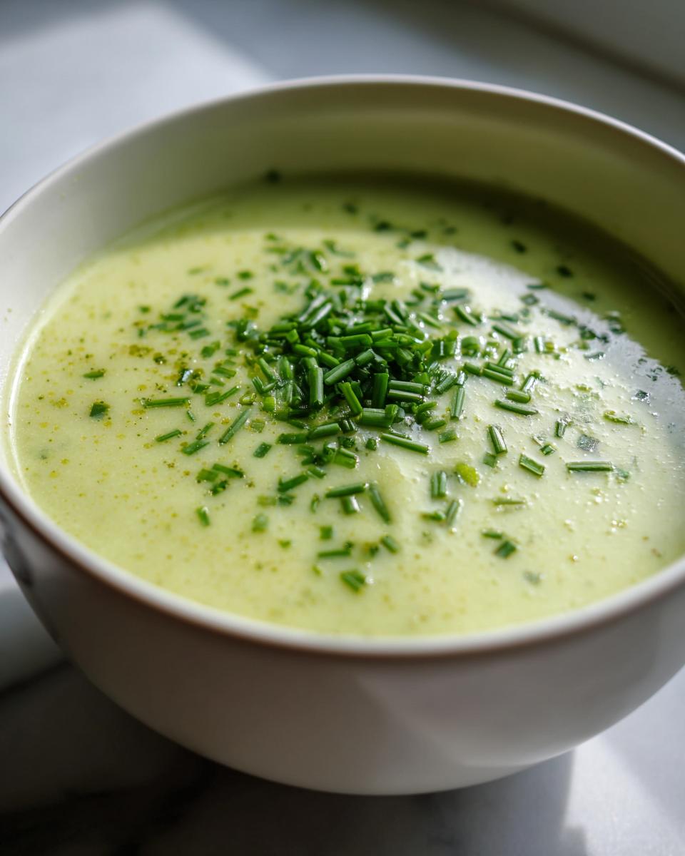 Close-up of a bowl of creamy potato leek soup topped generously with fresh, chopped chives.