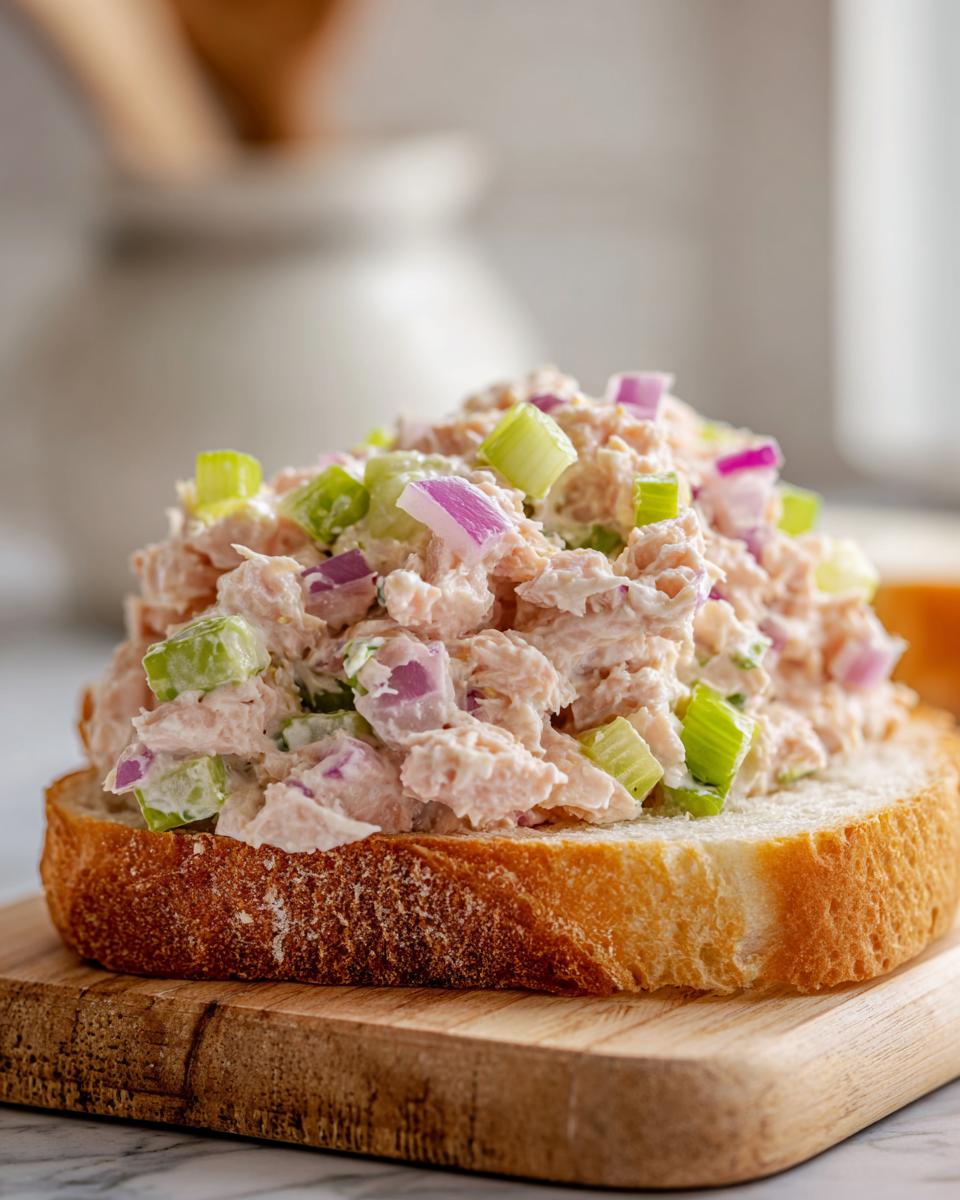 A generous scoop of creamy salmon salad mixed with celery and red onion served open-faced on a slice of toasted bread.