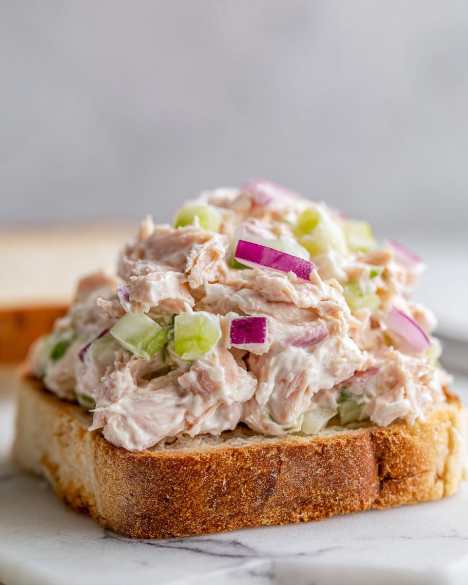 Close-up of creamy salmon salad with red onion and celery piled high on a slice of toasted bread.
