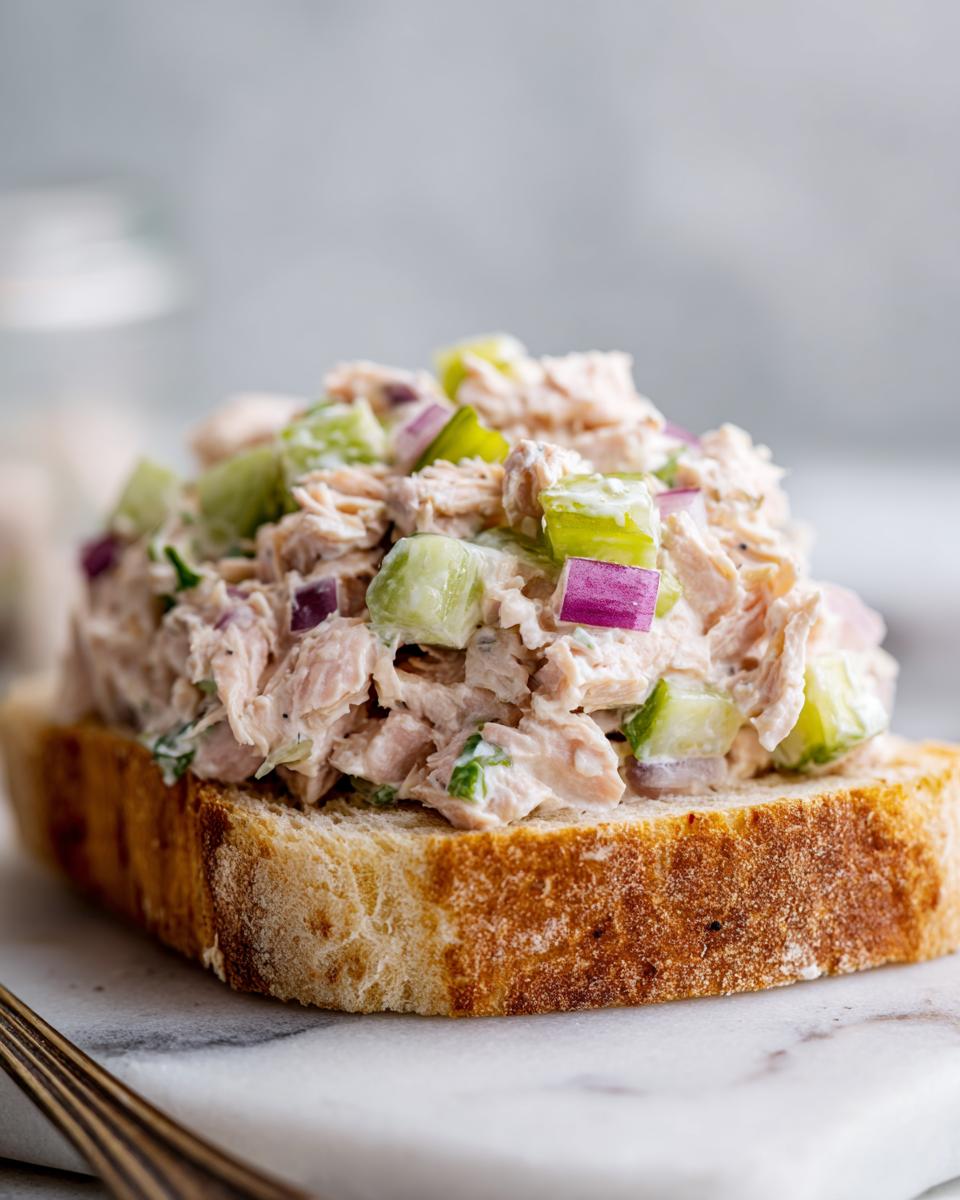 Close-up of creamy salmon salad with visible chunks of cucumber and red onion served open-faced on toasted bread.