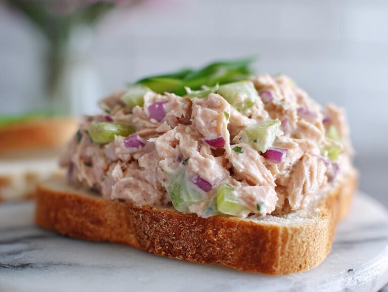 Close-up of creamy salmon salad with red onion and celery served open-faced on a slice of white bread.