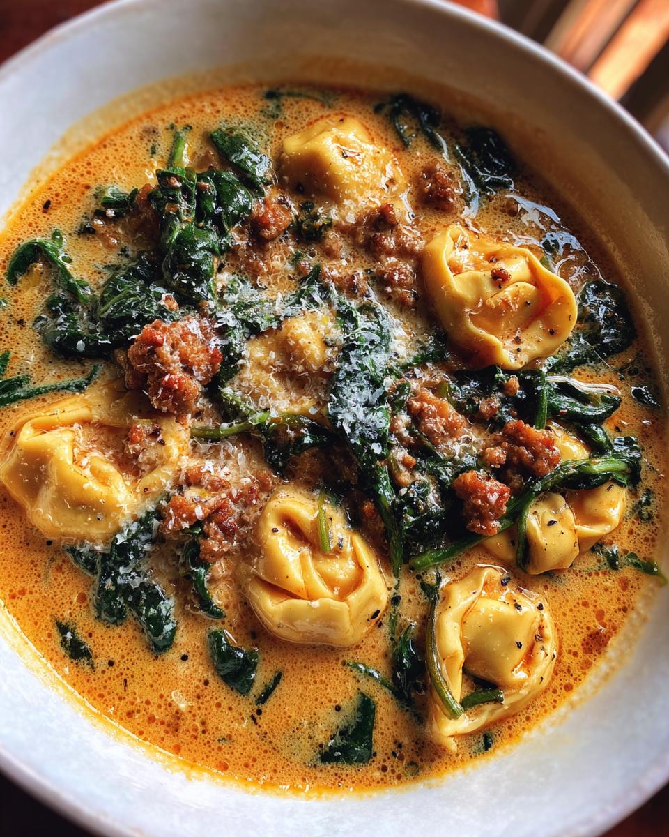 A close-up, overhead view of rich, creamy sausage tortellini soup filled with pasta, sausage crumbles, spinach, and grated Parmesan cheese.