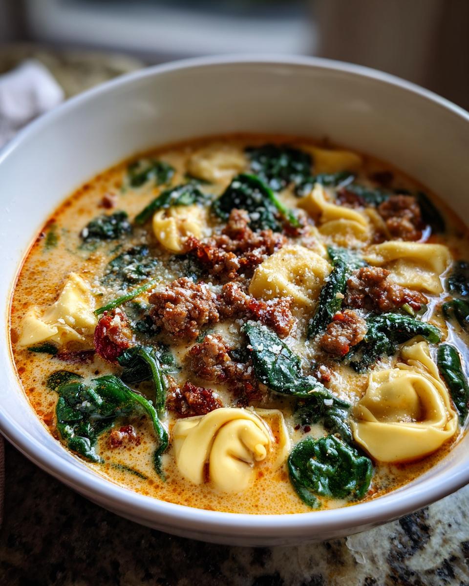 A close-up overhead view of a rich, creamy sausage tortellini soup filled with cheese tortellini, spinach, and ground sausage.