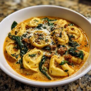 Close-up of a white bowl filled with creamy sausage tortellini soup, featuring tortellini, crumbled sausage, spinach, and grated Parmesan.