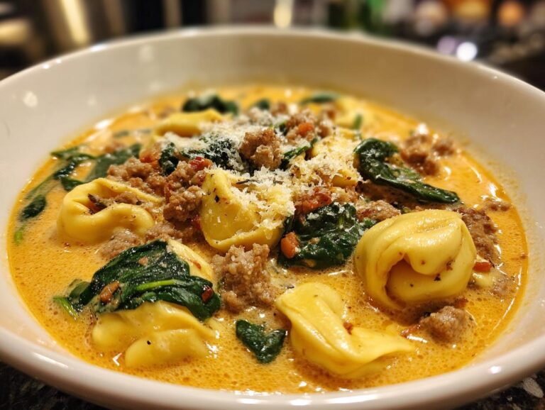 A close-up view of a bowl filled with rich, creamy sausage tortellini soup, topped with spinach and grated Parmesan.