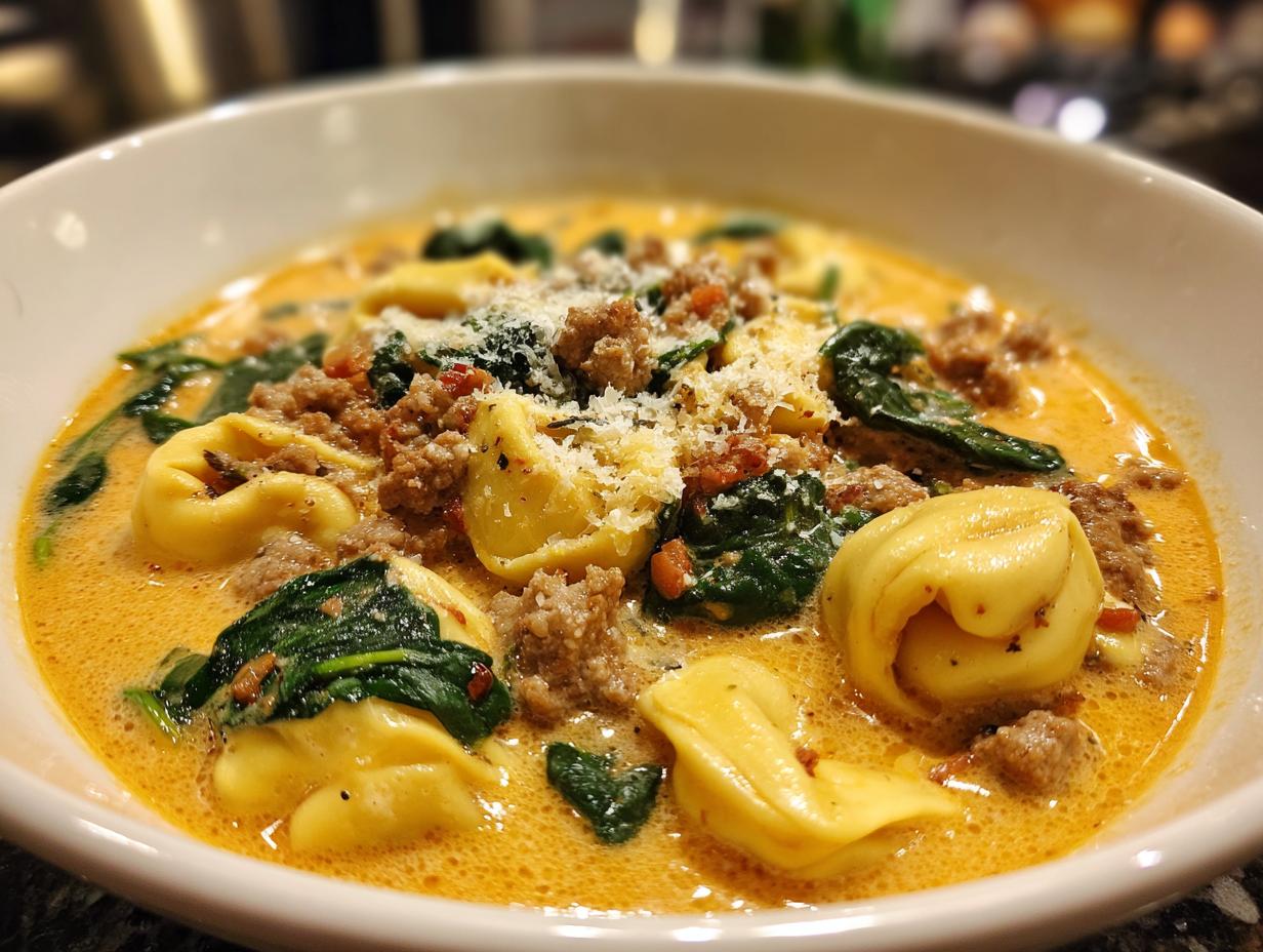A close-up view of a bowl filled with rich, creamy sausage tortellini soup, topped with spinach and grated Parmesan.