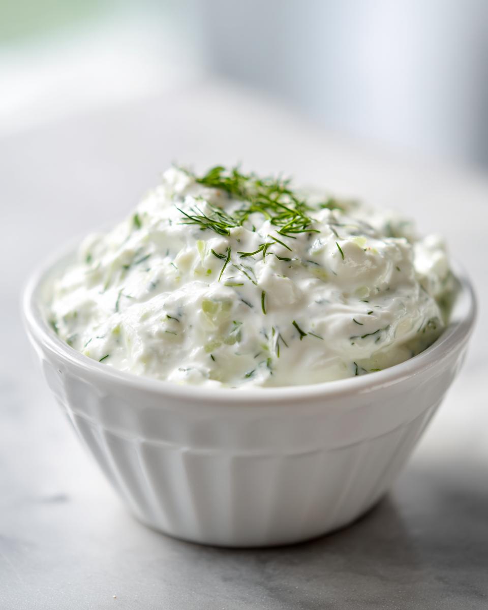 Close-up of a white bowl filled with creamy tartar sauce recipe, garnished with fresh dill.