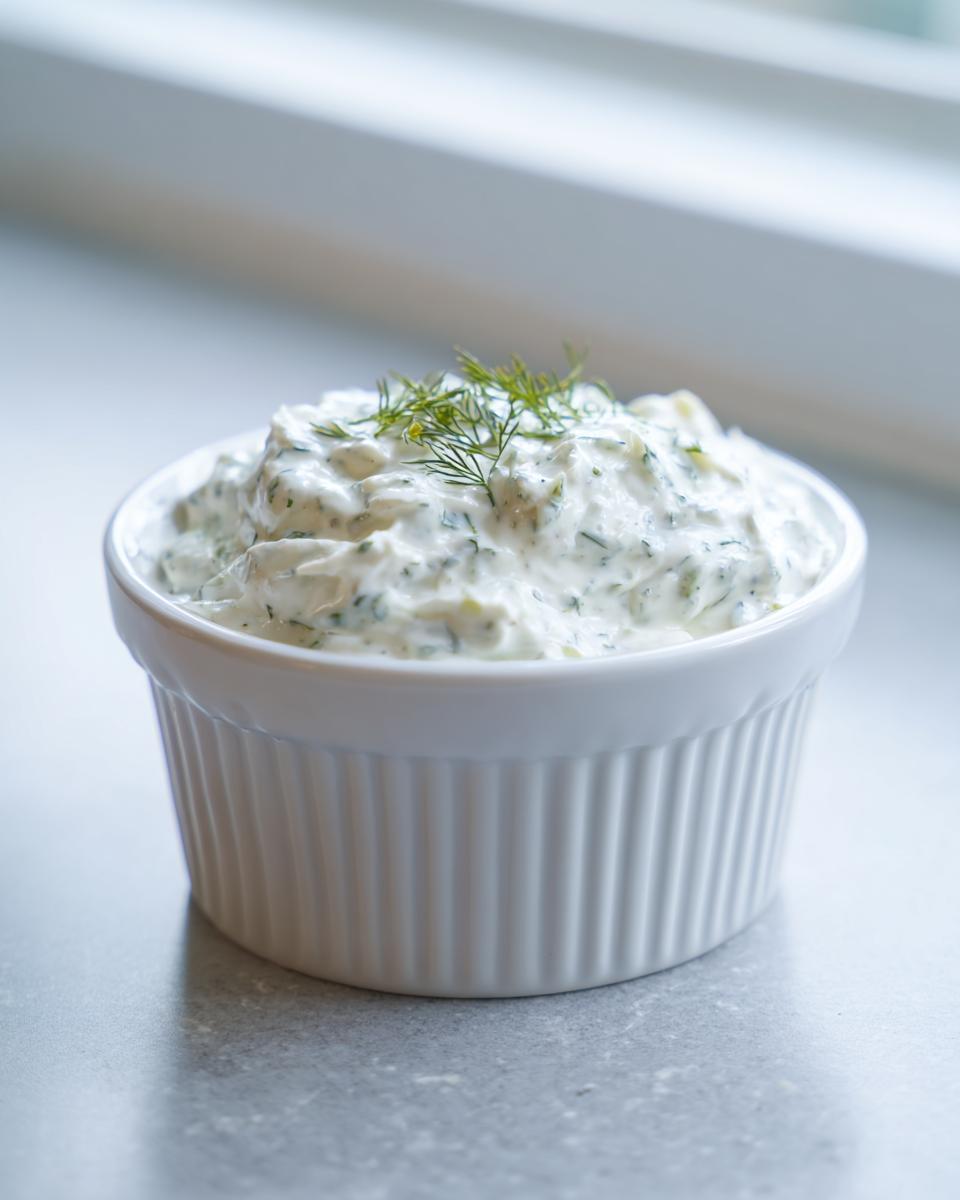 A small white ramekin filled with creamy tartar sauce recipe, garnished with fresh dill.