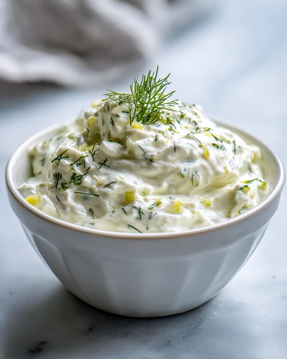 Close-up of a creamy, white tartar sauce recipe, mixed with chopped pickles and topped with fresh dill.
