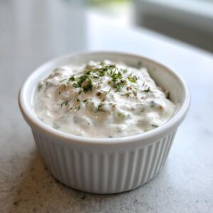 Close-up of creamy homemade tartar sauce recipe garnished with fresh dill in a small white ramekin.