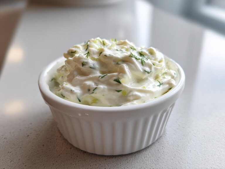 A close-up of a white ramekin filled with creamy, chunky tartar sauce recipe, garnished with fresh dill.