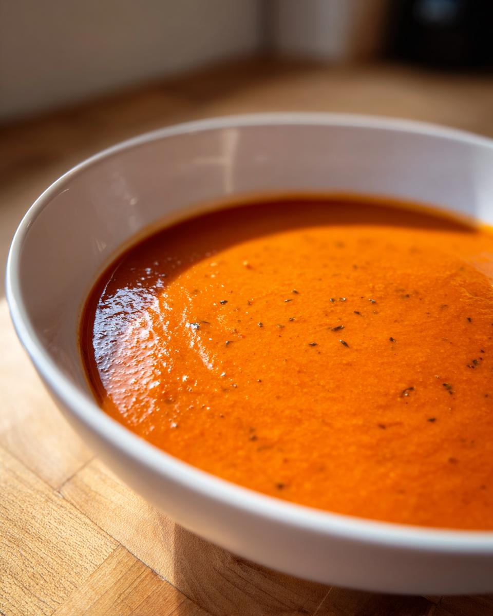 Close-up of a rich, vibrant orange tomato bisque, lightly speckled with herbs, served in a white bowl.