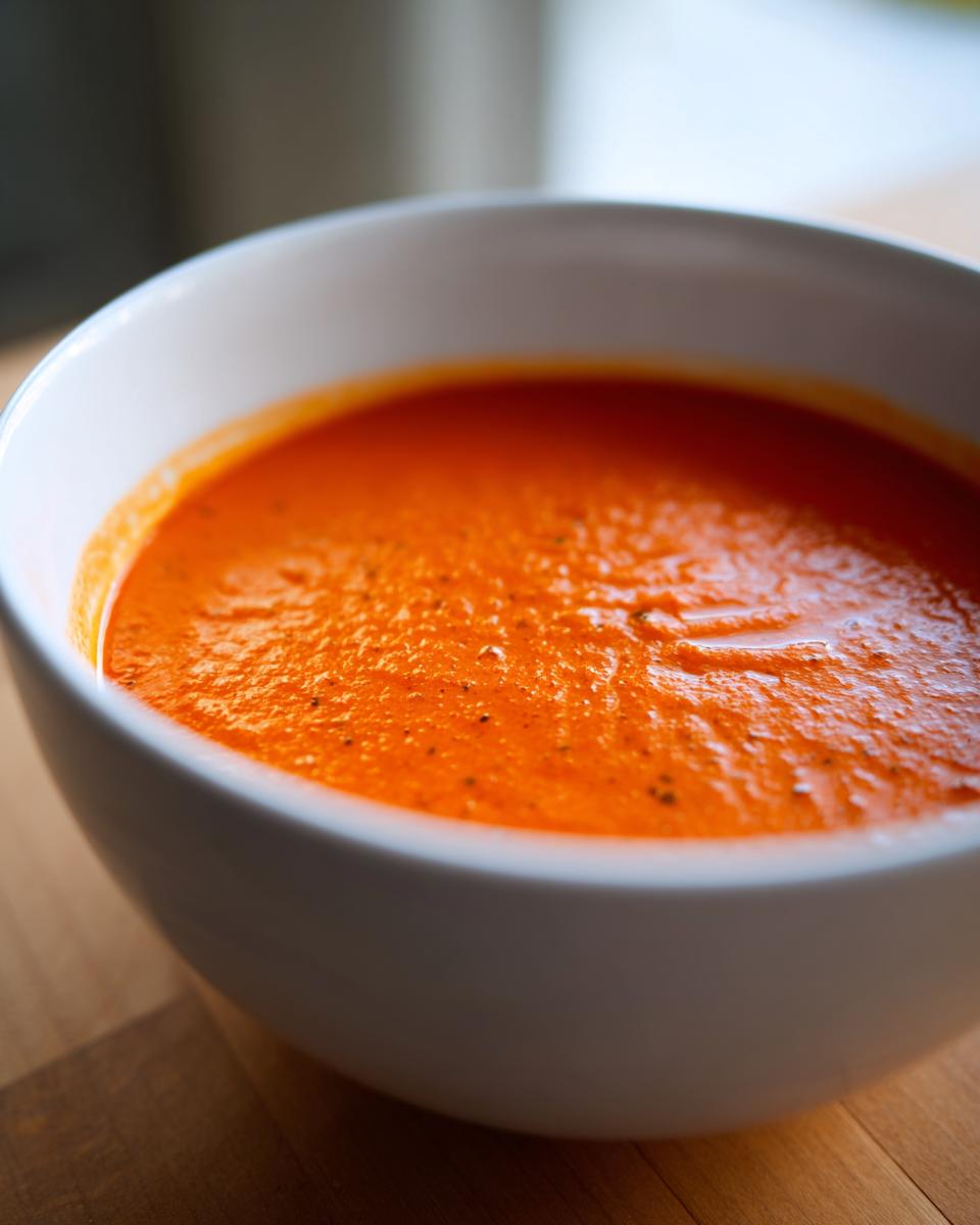 Close-up of a vibrant, creamy orange-red tomato bisque served in a white bowl on a wooden surface.