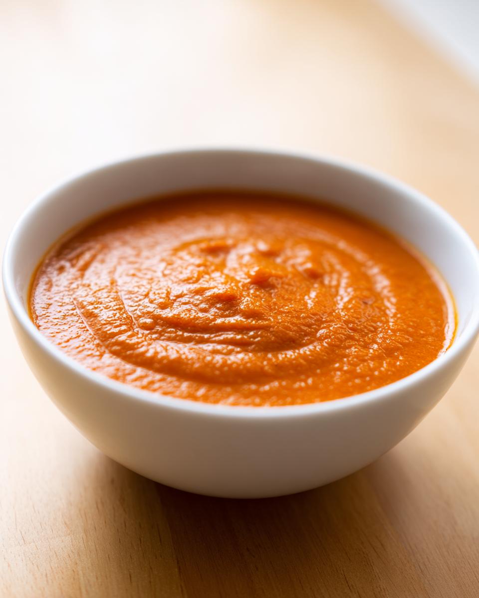 Close-up of a white bowl filled with thick, vibrant orange-red tomato bisque soup.