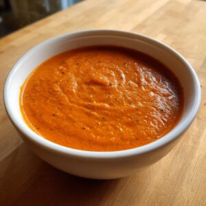 A close-up of a white bowl filled with rich, orange-red tomato bisque, seasoned with pepper flakes.
