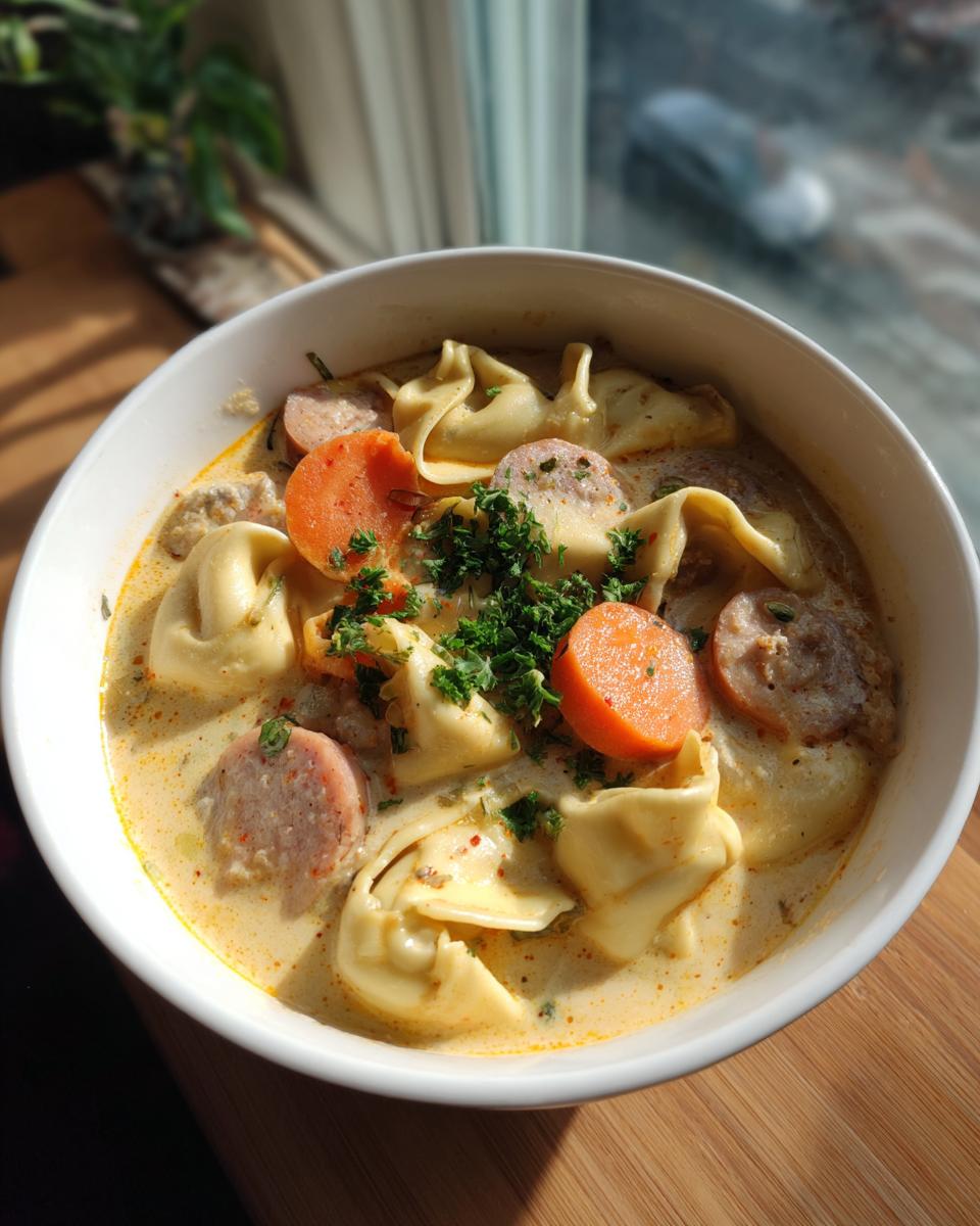 A close-up of a white bowl filled with creamy tortellini soup, featuring sausage slices, carrots, and fresh parsley garnish.