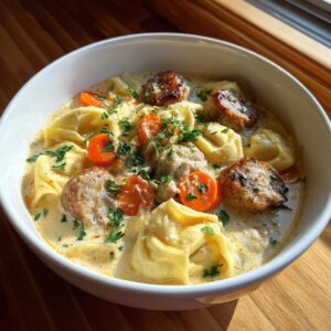 A close-up of a white bowl filled with creamy tortellini soup, featuring tortellini, browned meatballs, and sliced carrots, garnished with parsley.