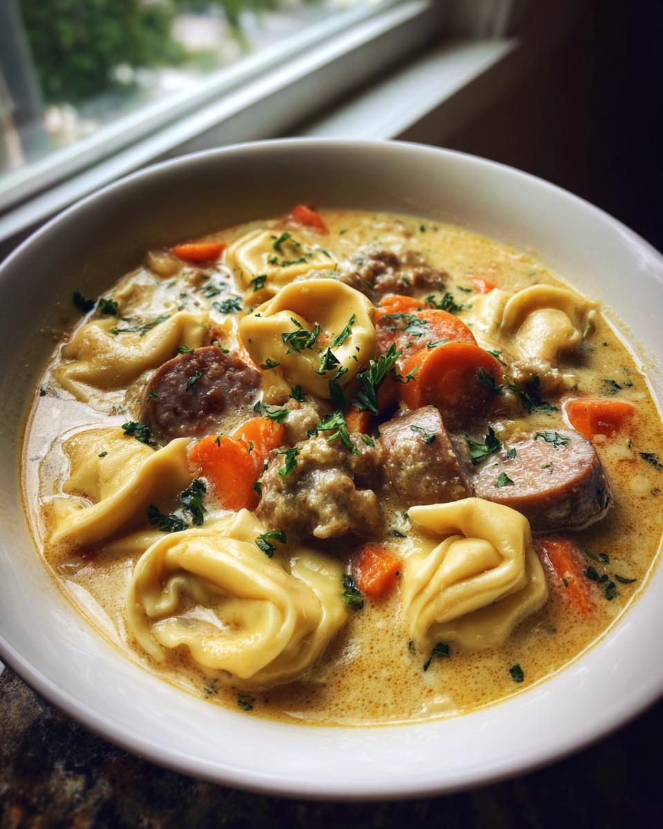 A close-up of a bowl of creamy tortellini soup featuring sausage slices, bright orange carrots, and a parsley garnish.