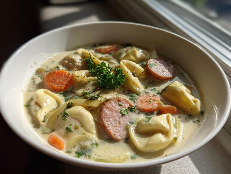 Close-up of a bowl of creamy tortellini soup featuring tortellini pasta, sliced sausage, carrots, and fresh parsley garnish.