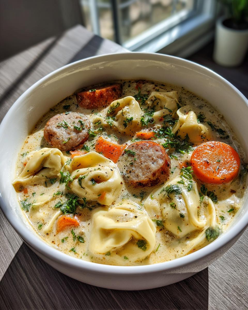 Close-up of a hearty bowl of creamy tortellini soup featuring sausage slices, carrots, and fresh parsley.