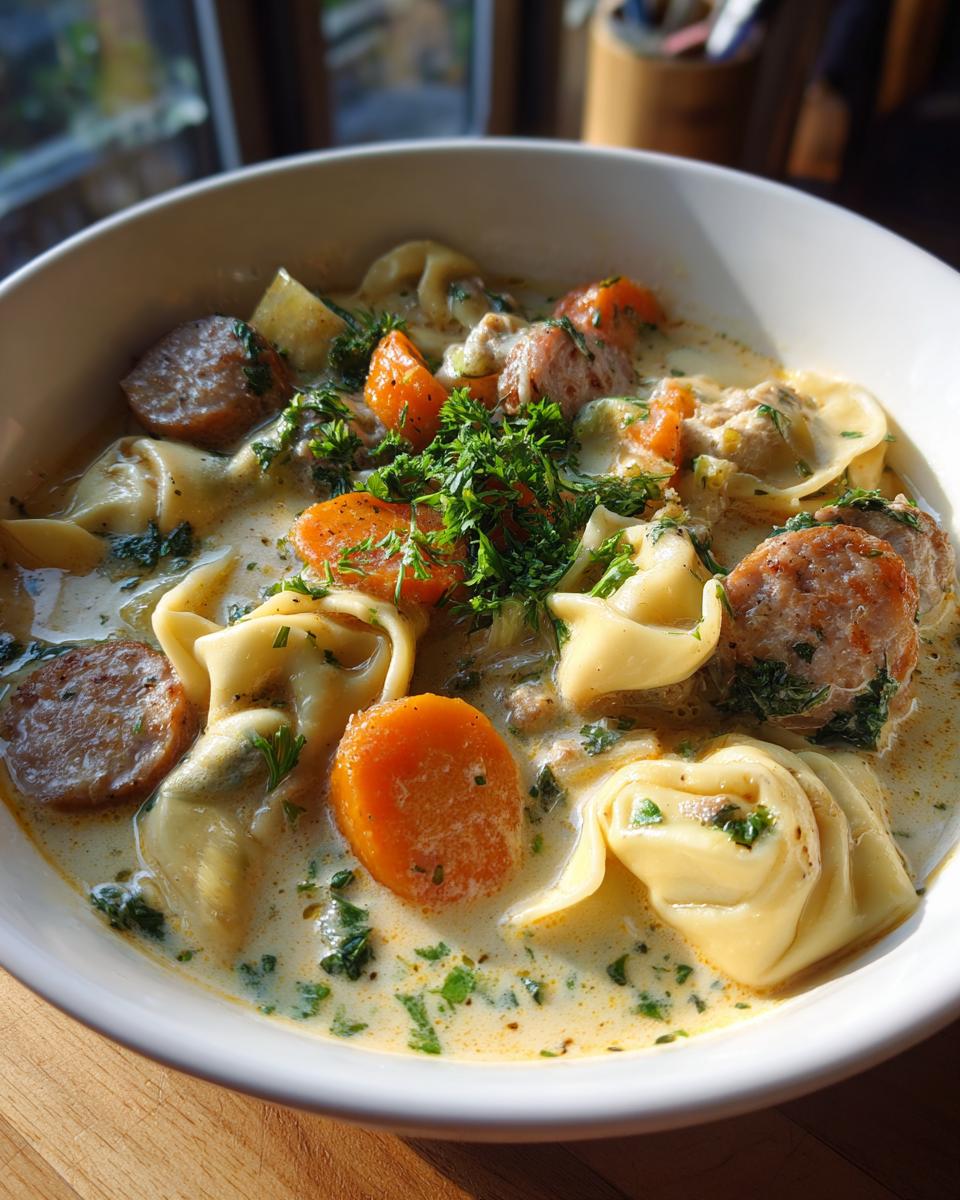 Close-up of a bowl of creamy tortellini soup featuring sausage slices, bright orange carrots, and fresh parsley garnish.