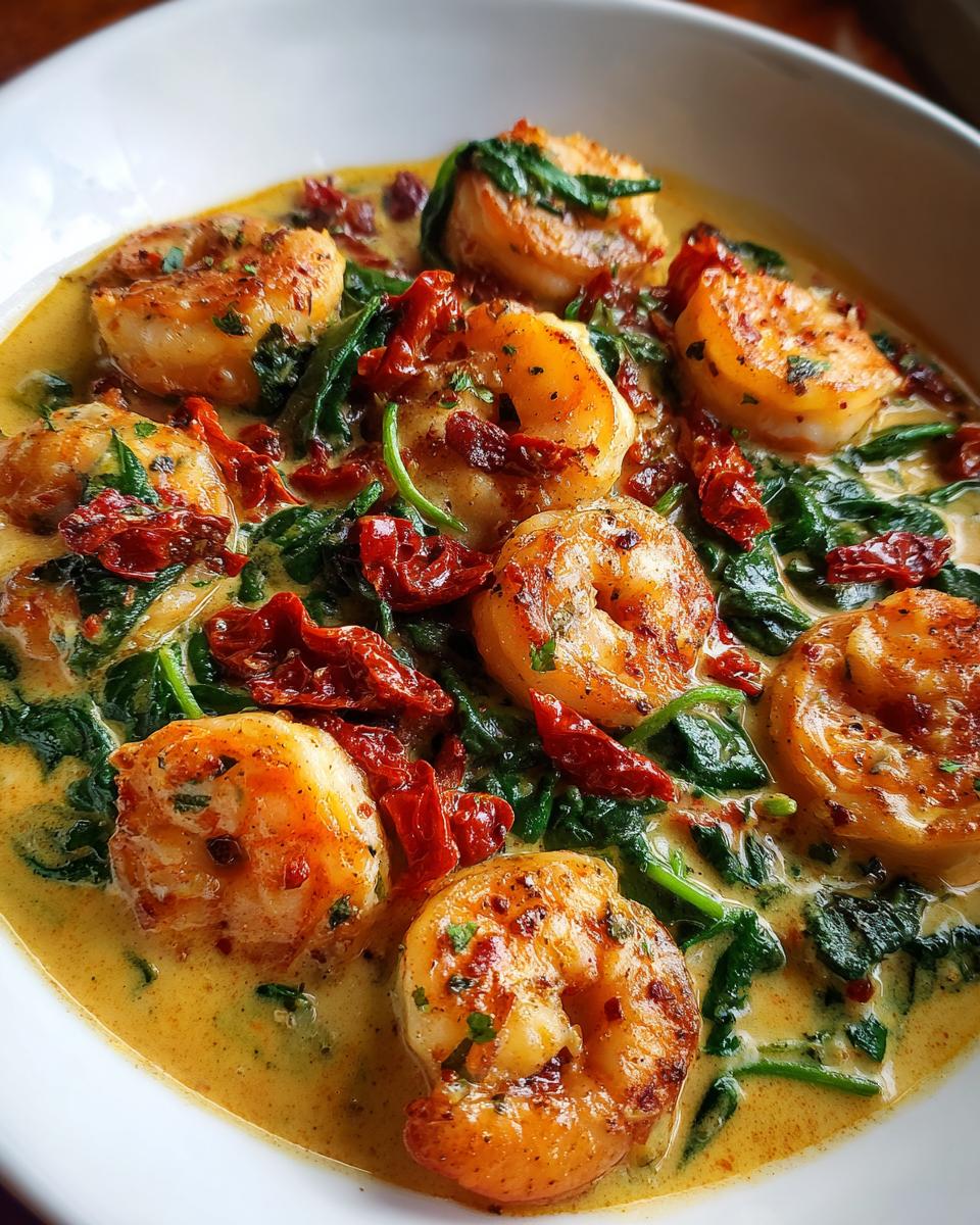 Close-up of perfectly seared Tuscan shrimp served in a rich, creamy sauce with wilted spinach and sun-dried tomatoes.