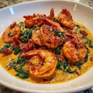 A close-up of perfectly cooked Tuscan shrimp served in a creamy sauce with wilted spinach and sun-dried tomatoes.