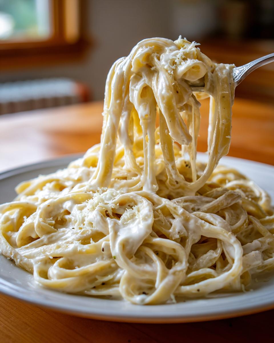 A fork lifting creamy fettuccine noodles coated in rich vegan alfredo sauce, sprinkled with vegan parmesan.
