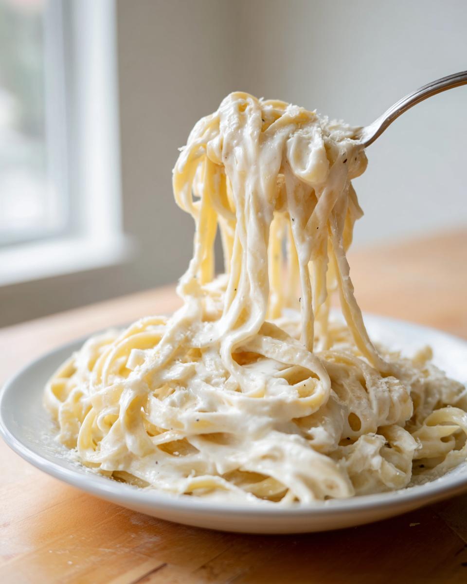 A fork lifting creamy fettuccine noodles coated in rich vegan alfredo sauce from a white plate.