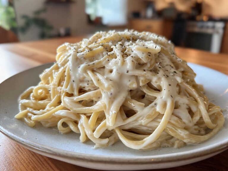 A close-up of fettuccine pasta generously coated in creamy vegan alfredo sauce and sprinkled with pepper.