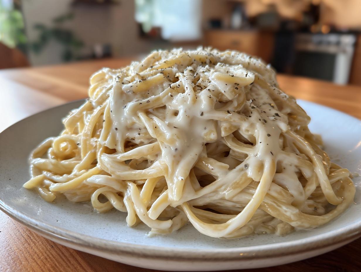 A close-up of fettuccine pasta generously coated in creamy vegan alfredo sauce and sprinkled with pepper.