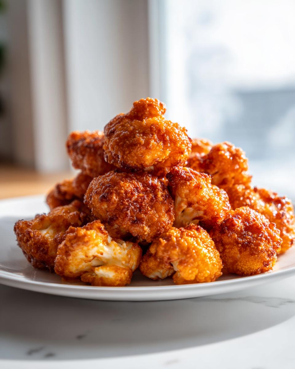 A close-up of a pile of crispy, bright orange buffalo cauliflower bites served on a white plate.