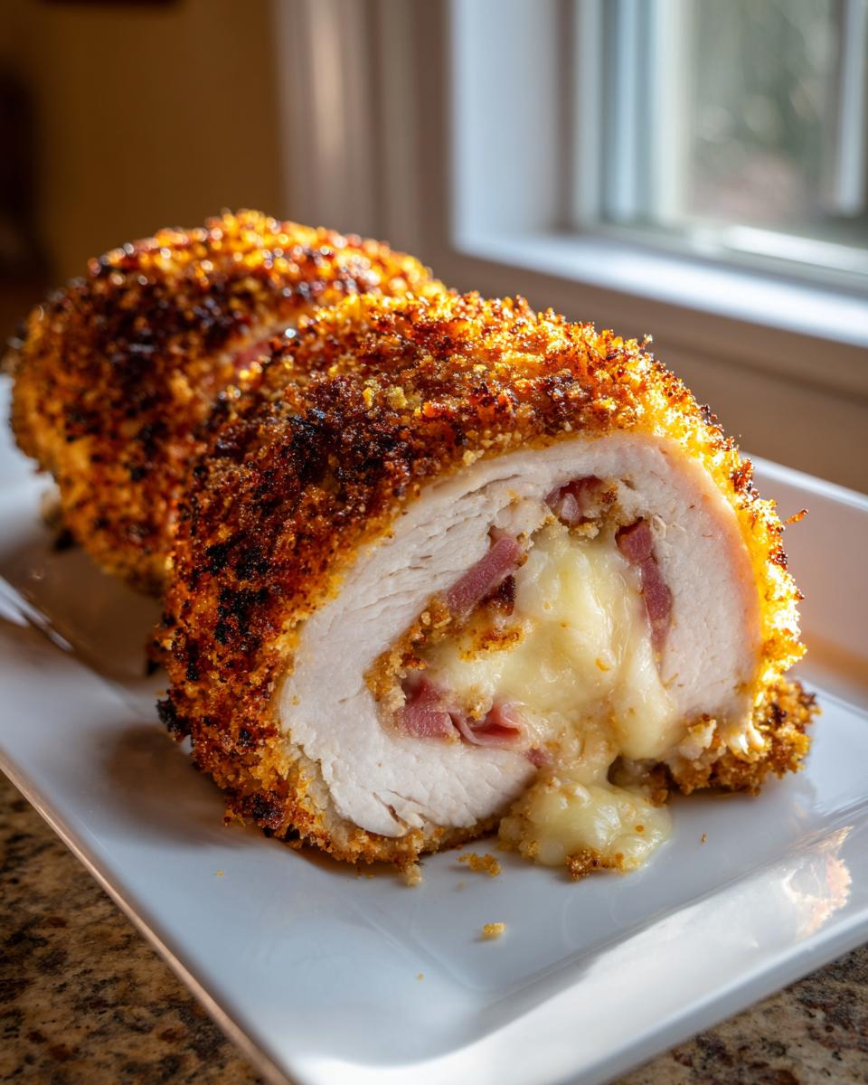 Close-up of a perfectly cooked chicken cordon bleu roll, showing the crispy golden crust and melted cheese oozing out with ham.