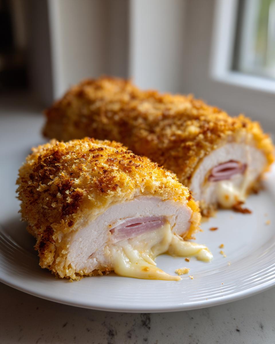 Cross-section of golden brown chicken cordon bleu showing melted cheese oozing out, ham inside.