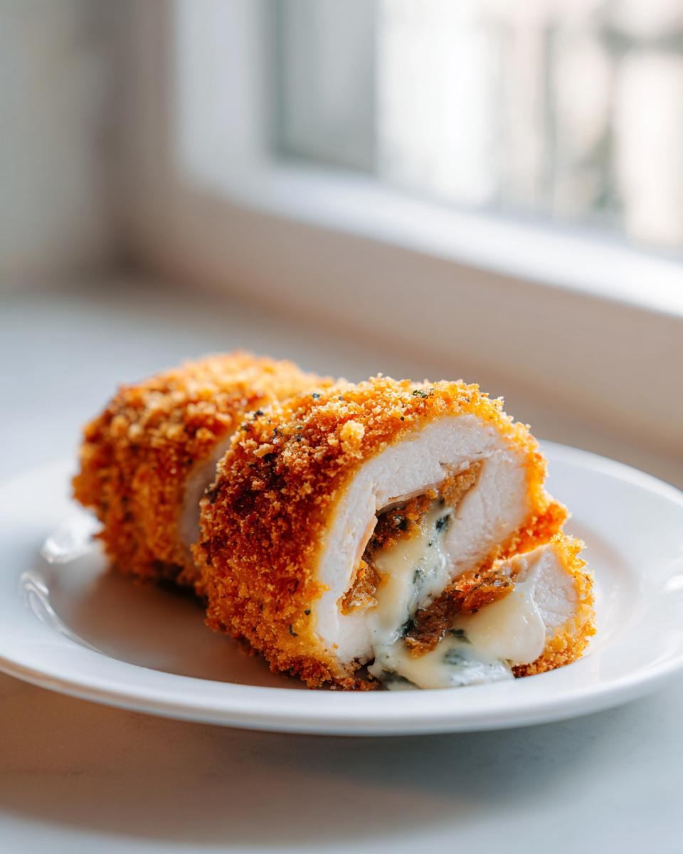Close-up of two slices of golden-brown, crispy chicken cordon bleu showing melted cheese and filling inside.