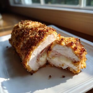 A perfectly cooked chicken cordon bleu, sliced in half to show the melted cheese and ham filling inside the crispy breading.