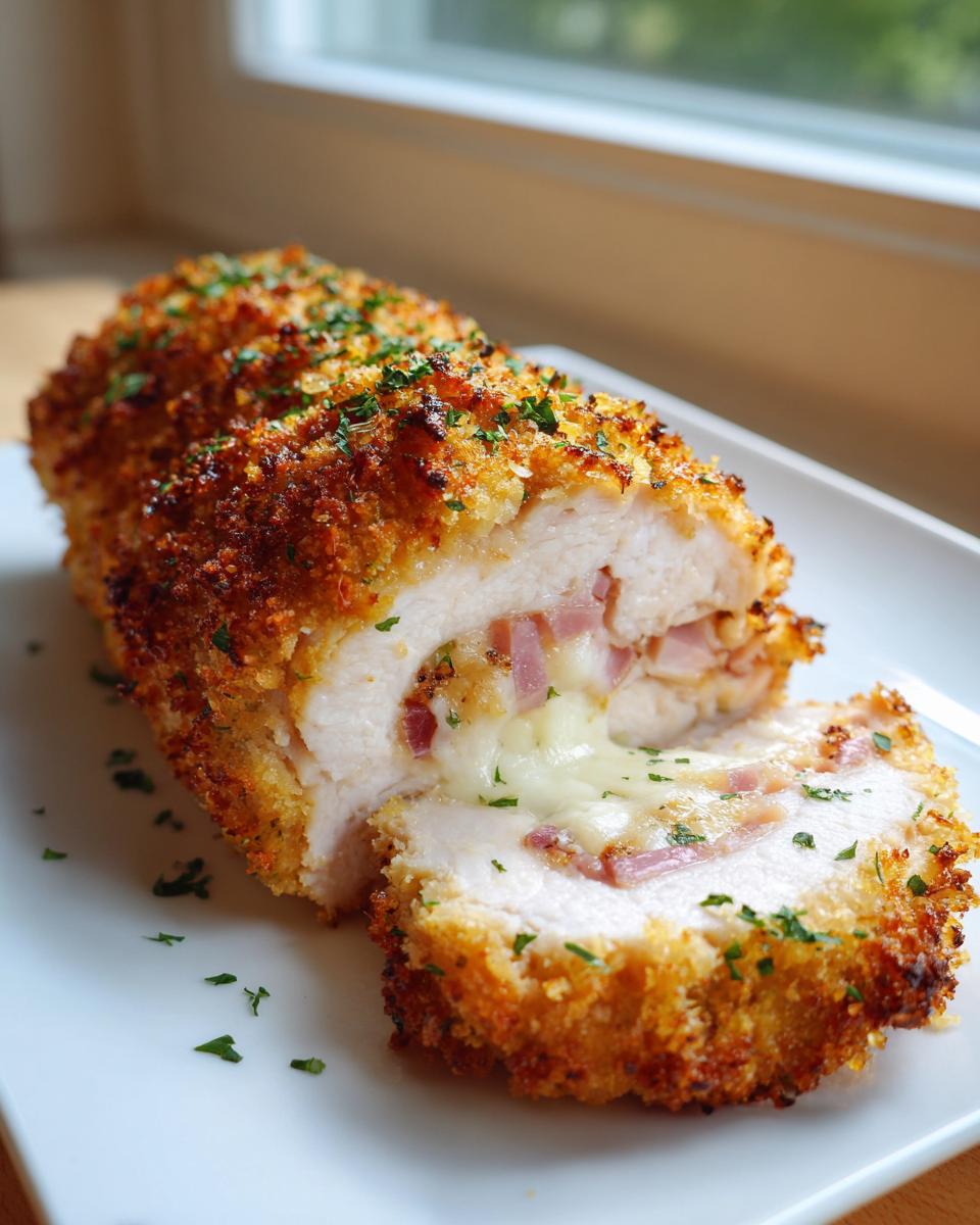 Cross-section of a golden, crispy chicken cordon bleu roll showing melted cheese and ham filling inside the tender chicken breast.