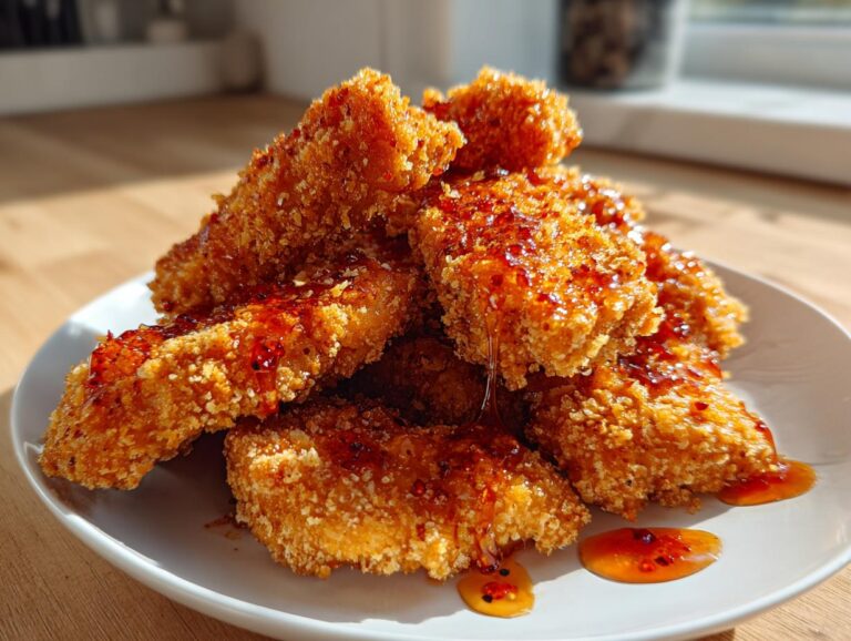 A pile of crispy, breaded hot honey chicken tenders drizzled with sweet and spicy sauce on a white plate.