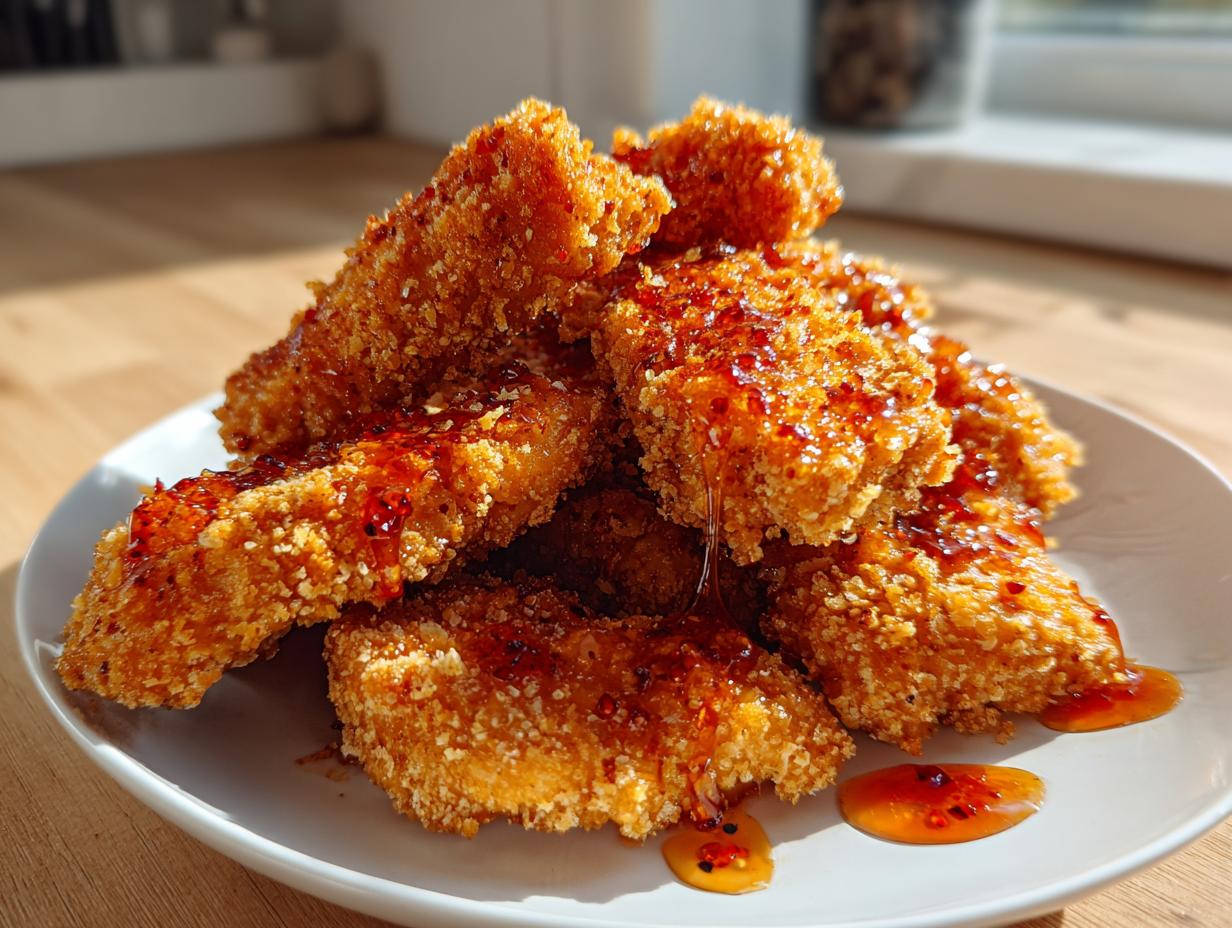A pile of crispy, breaded hot honey chicken tenders drizzled with sweet and spicy sauce on a white plate.