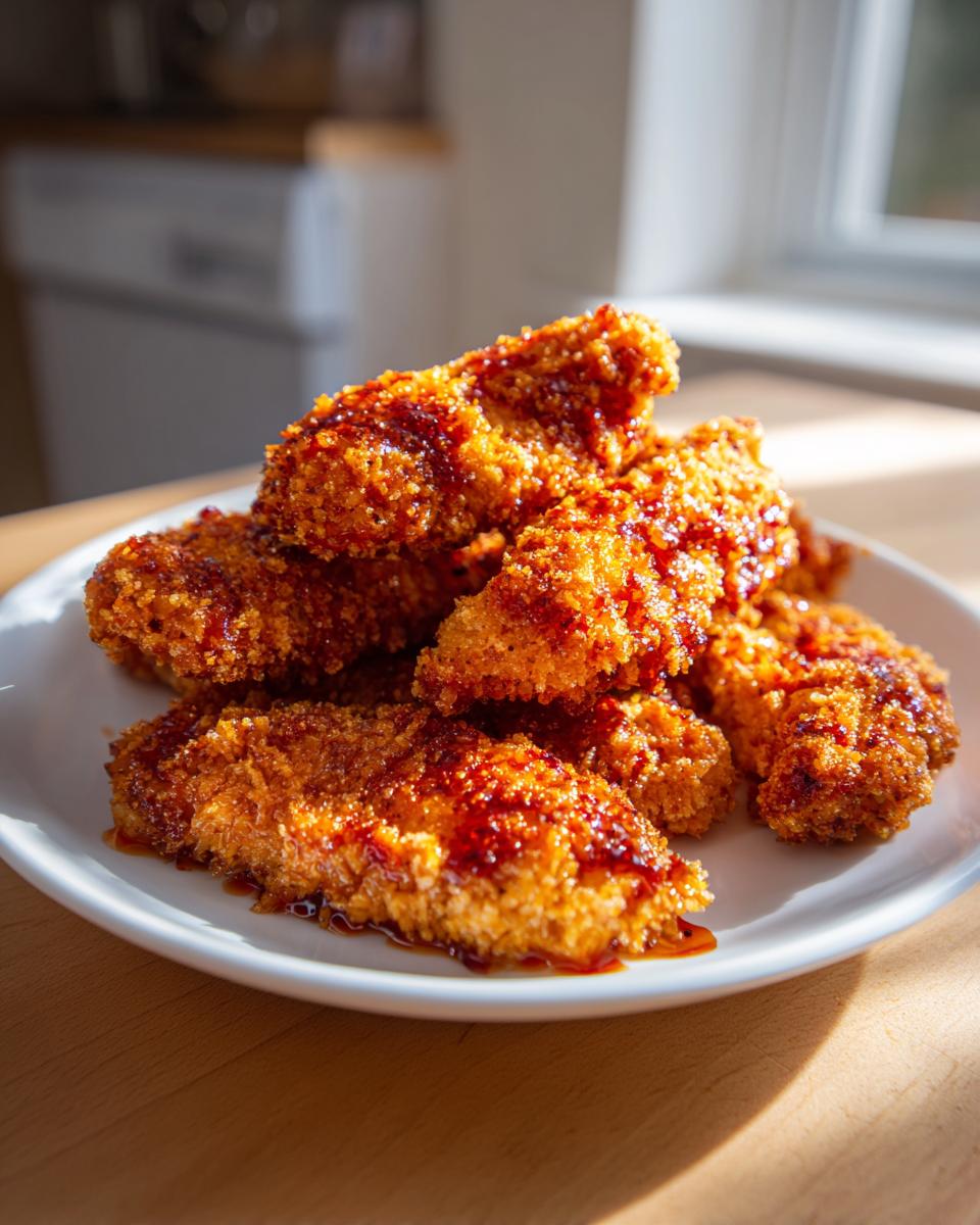 A pile of crispy, golden brown hot honey chicken tenders drizzled with sticky sauce, served on a white plate.